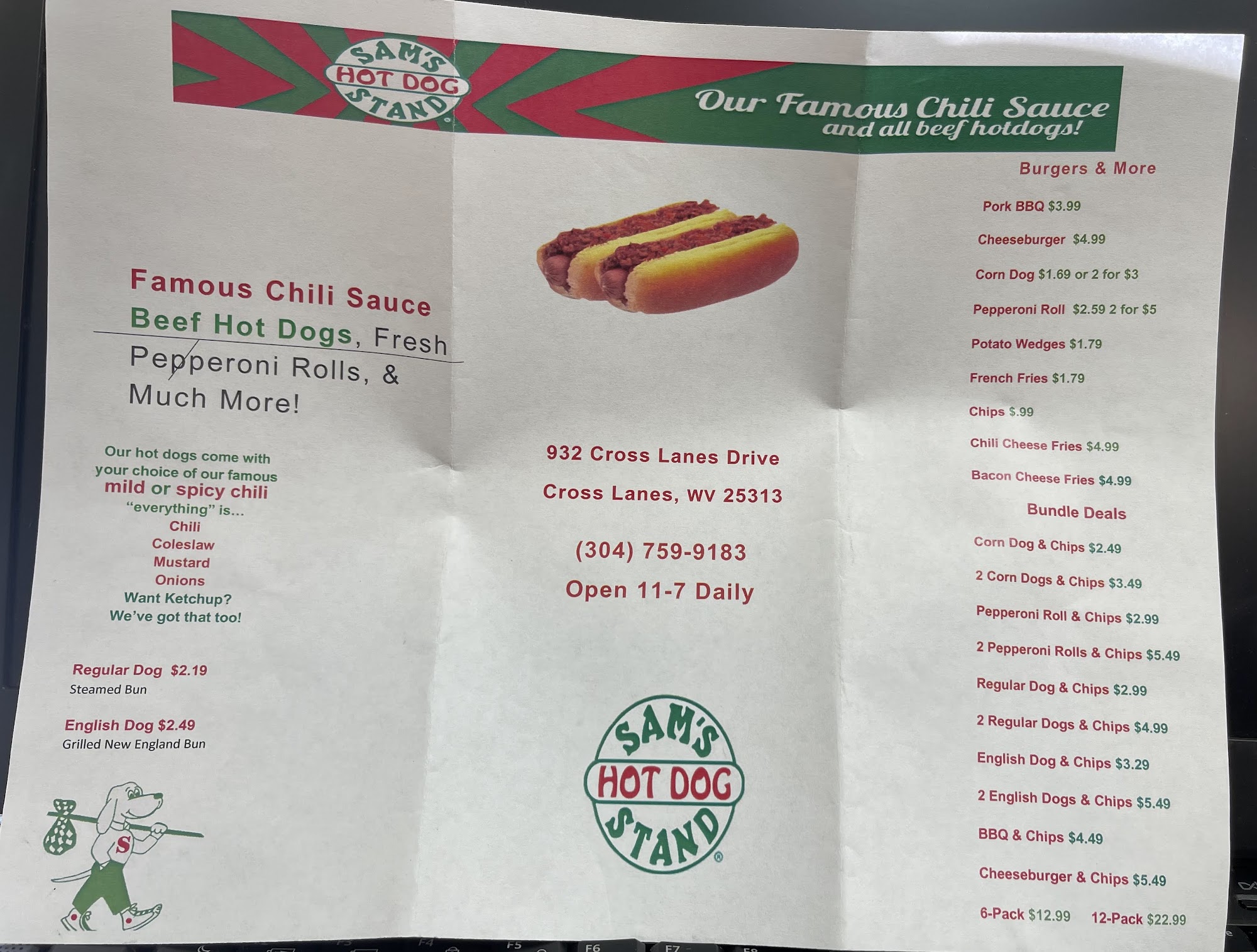 Sam's Hot Dogs Menu