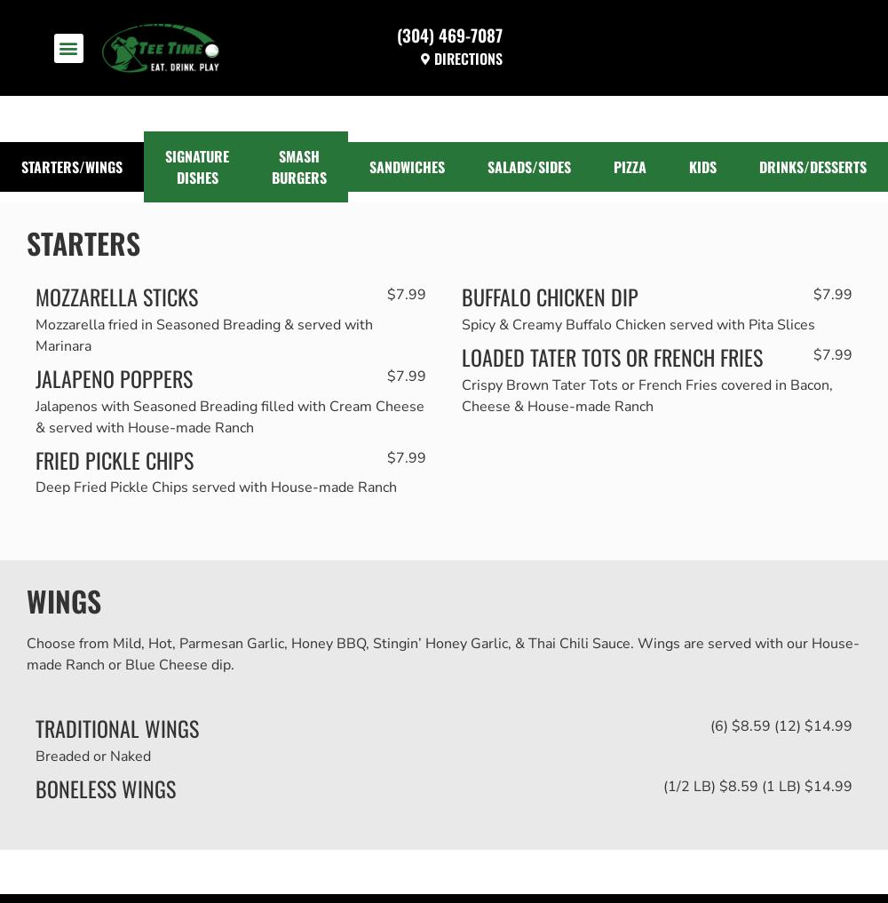 Tee Time Menu